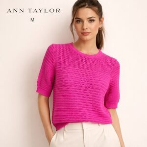 Ann Taylor Women Crochet Knit Sweater Pink 100% Cotton Short Sleeve Size M